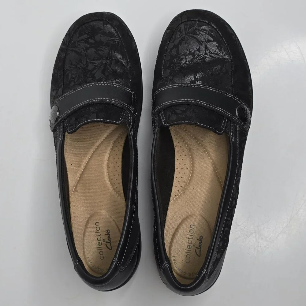 Clarks Womens 8.5 M Cora Daisy Black Embossed Slip On Loafer Leather Shoes